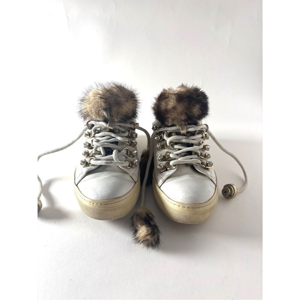 Tod's White Leather Platform Sneakers with Brown Faux Fur Trim